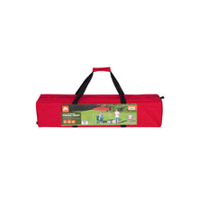 Red canopy tent carry bag with black handle and printed instruction panel
