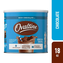Rich chocolate drink mix tub, Ovaltine brand, blue canister