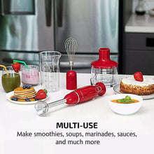 Immersion hand blender with whisk and chopper attachments in red and silver