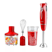 Red immersion blender set with beaker, whisk, and chopper attachment