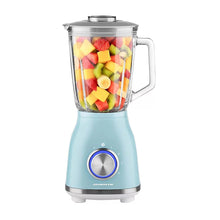 Retro smoothie blender with clear glass jar, pale blue base, blending dial