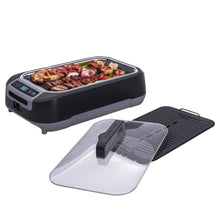 Smokeless griddle grill system with lid off, cooking food on ridged grill surface