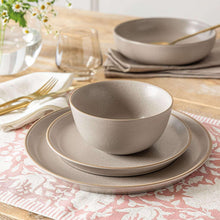 Taupe stoneware dinnerware set with shallow bowl, plate, and matching side bowl