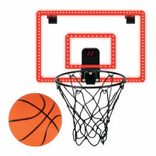 Over-the-Door basketball hoop with LED backboard lights, rim, and orange basketball
