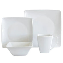 White square plates, square bowl, and white mug
