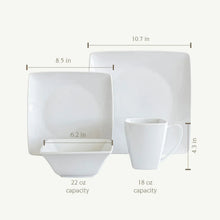 White square plates with shallow bowl and white mug