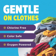 Laundry care benefits graphic with stacked colorful clothes and gentle-on-textiles callout.