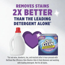 Laundry stain remover marketing panel with detergent bottle and OxiClean box graphic.