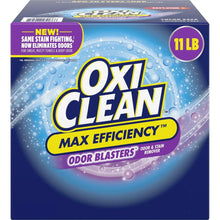 Close-up of OxiClean Max Efficiency odor blasters laundry stain remover powder box front, 11 lb