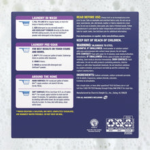 Laundry stain remover powder box back label with in-wash and pre-soak directions.