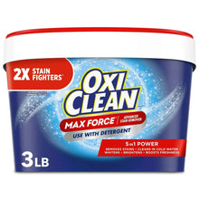 OxiClean Max Force stain remover powder tub with red lid, blue container, 3 lb.
