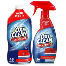 Laundry stain remover refill bottle and spray trigger bottle, blue liquid with red caps