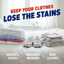 Laundry stain remover marketing graphic with folded clothes and sneakers