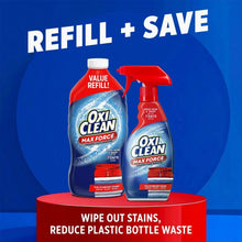 Laundry stain remover refill and spray bottles with red caps and blue labels