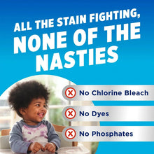 Laundry stain remover product info graphic showing no chlorine bleach, dyes, and phosphates