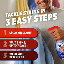 Laundry stain remover 3-step spray and wash instructions with blue bottle