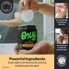 Acne cleansing pads jar held with a circular exfoliating pad