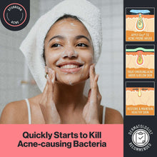 Acne face wash skincare with foam on face and hands, towel-dried look.