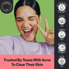 Acne face wash skincare on smiling face with foam, hand gesture.