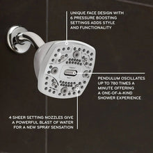 Square fixed shower head with white spray face and chrome wall connector, showing multiple jet nozzles