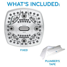 Square fixed shower head diagram labeled fixed, with included mounting tape shown nearby