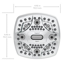 Square fixed shower head diagram with a white face, nozzle layout, and measurements