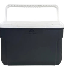 Hard-side cooler with white lid and dark gray body, front carry handle