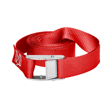 Red cam buckle lashing strap tie-down with silver metal buckle and strap loops