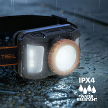 Water-resistant rechargeable headlamp with orange lens ring and dark adjustable strap