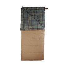 Tan cold-weather sleeping bag with plaid outer hood area folded open