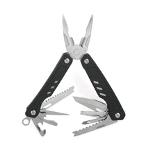 Stainless steel multi-tool with black handles, folded with pliers and blades