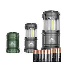 LED camping lantern set, three lanterns in green and gray with yellow LED tubes