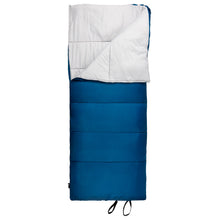 Rectangular sleeping bag with white top and dark blue bottom, quilted baffles.