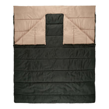 Doublewide sleeping bag with black base and tan top panels, padded quilt design
