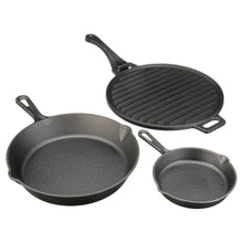 Cast iron skillet set with two round skillets and ridged griddle, dark pre-seasoned finish