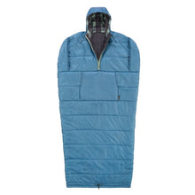 Wearable sleeping bag with hood, blue quilted shell, and front zipper.