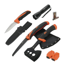 Camping tool set with knives, axe blade, folding saw, and flashlight