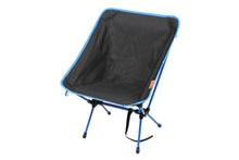 Black camping chair with mesh seat, blue frame, and foldable tripod legs.