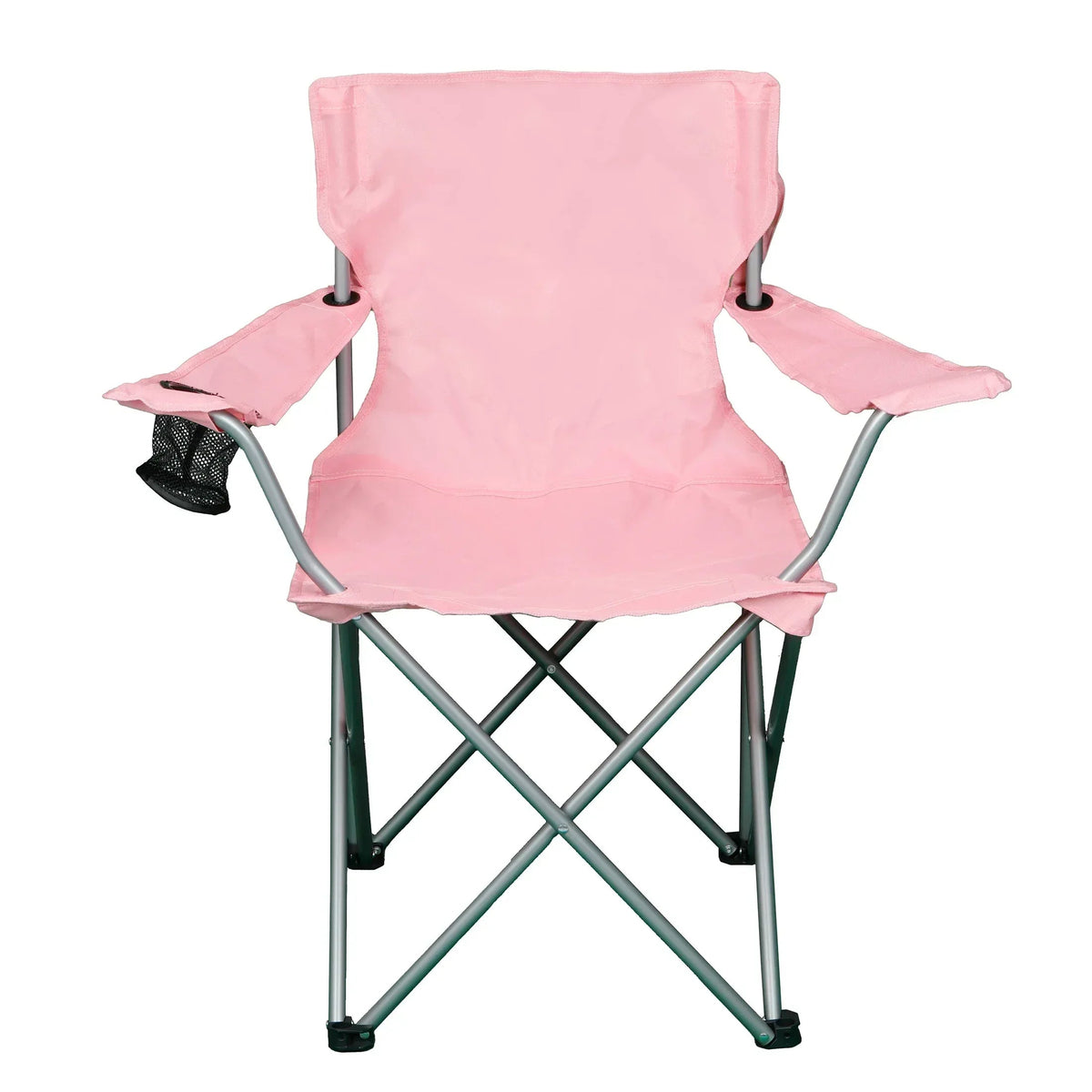 Pink quad folding camp chair with padded seat, armrests, and side cup holder