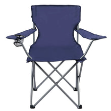Folding camp chair in dark blue fabric with side cup holder and padded armrests