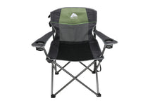 Oversized camp chair with cup holders, green and black fabric, foldable steel frame