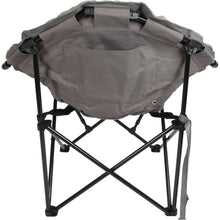 Gray folding camping chair with canopy-style back and front carry handle, black frame