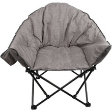 Gray folding camping chair with rounded padded backrest, black metal cross brace