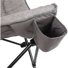 Gray folding camping chair armrest with storage pocket detail and black frame