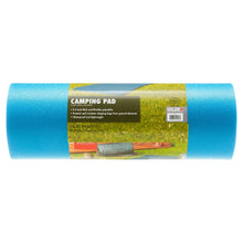 Blue closed-cell foam camping sleeping pad, rolled with front label