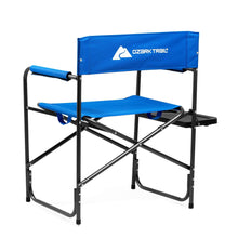 Blue director camping chair with side table, logo on back panel