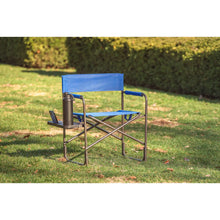 Blue director camping chair with side table, open seat with cup holder