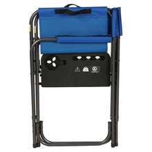 Blue director camping chair with side table, back panel with storage compartments