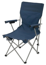 Blue folding camping chair with hard arms and cup holder, steel X-frame