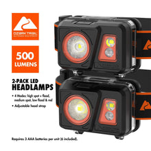 2-pack LED headlamps with black housing, orange accents, and adjustable head straps
